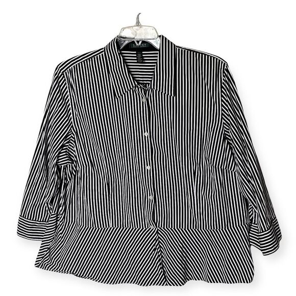 Lauren Ralph Lauren Black and White Stripe Peplum Button Front Blouse Size 20W - Picture 1 of 9